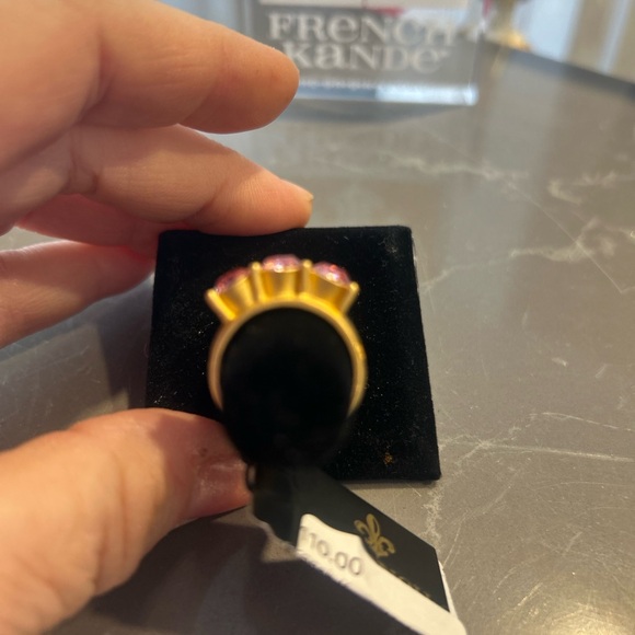 French Kande 24K Gold Clad Ring with 3 Pink Swarovski Crystals SZ: 8 - Picture 7 of 11